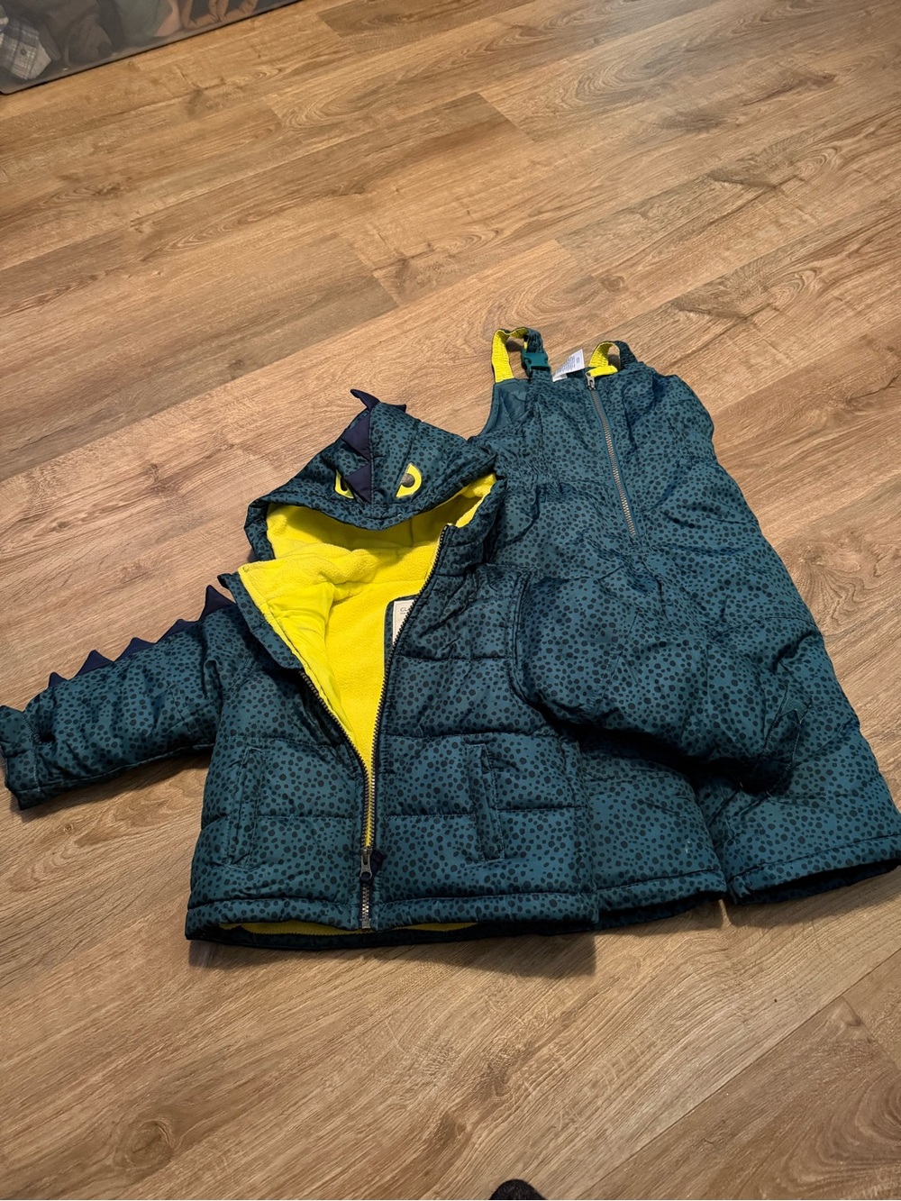 Carter's Dark Teal Dino Puffer Jacket and Bib Set with Bright Yellow Lining